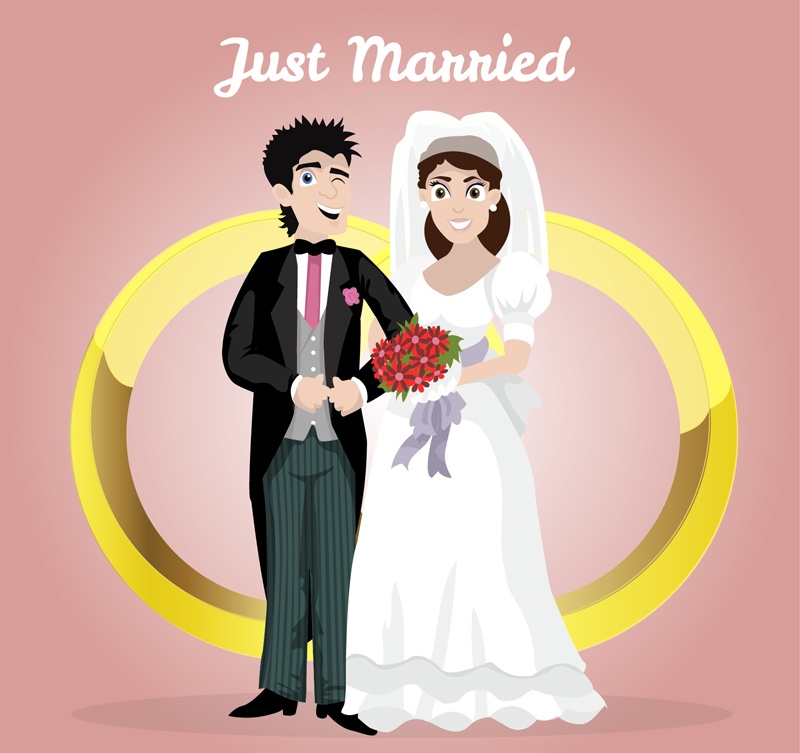 Gold rings and the bride and groom vector character