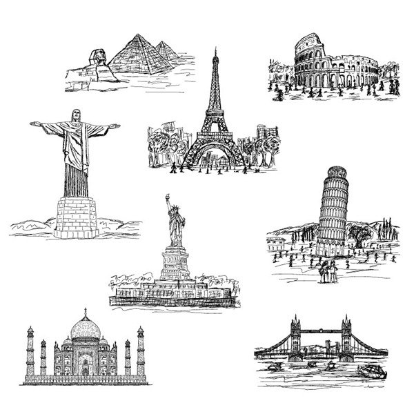 8 hand-painted world famous buildings