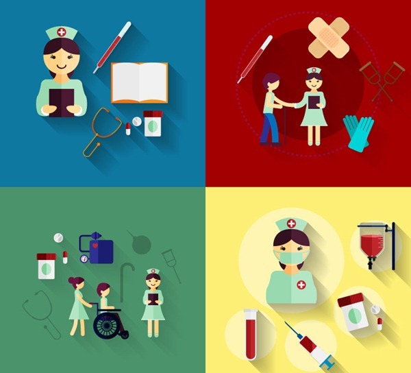 4 nurses and innovative medical illustratorNurses, thermometers, band-aid, stethoscope, medical, ...