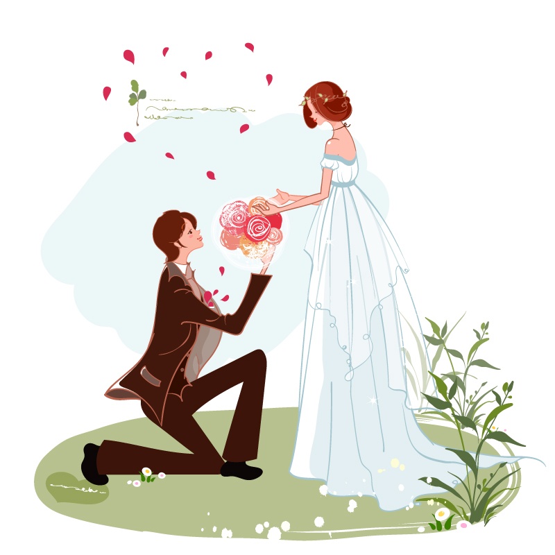Painted Bride accepting flowers vector material