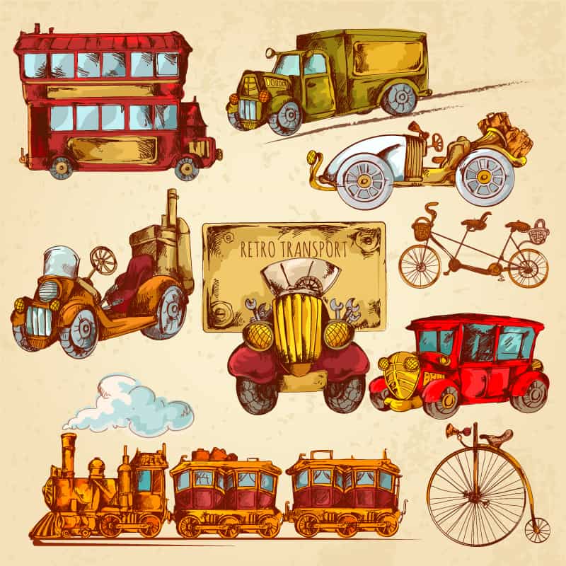 9 painted retro transport vector