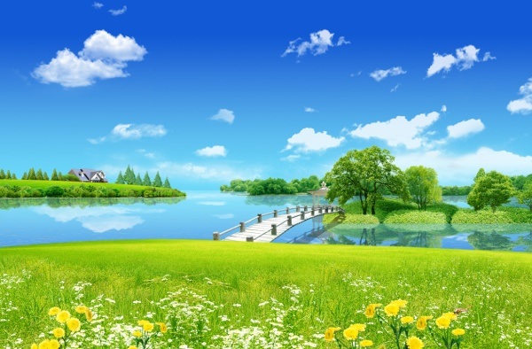 blue sky grass yellow bridges psd material