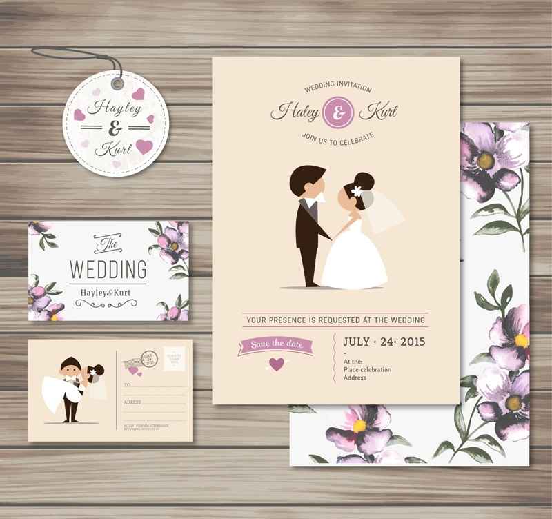 3 purple wedding card design vector material