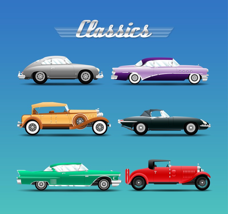 6 retro car design vector material