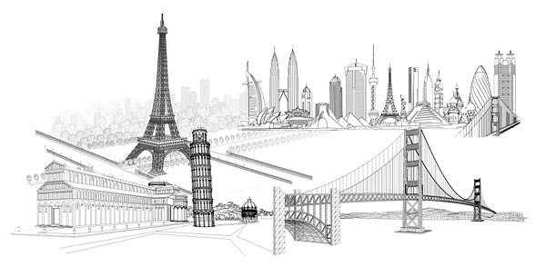 Four wonderful line drawing vector material famous buildings
