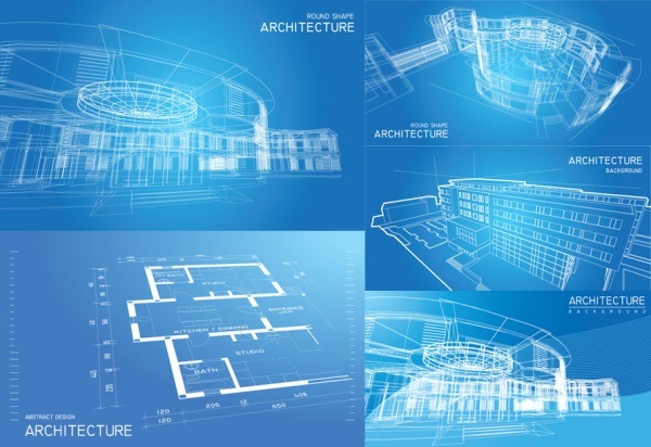 Blue line art perspective diagram