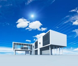Blue sky and white clouds with building model picture material