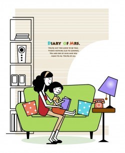 Mom taught the little girl on the couch reading a book vector