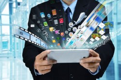 Technology business icons and business men vector