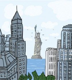 Building and the Statue of Liberty vector