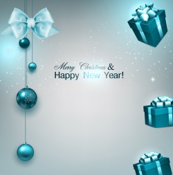 Christmas card with gift box and bow baubles vector