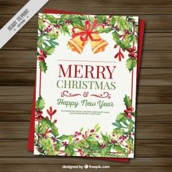 Christmas greeting of watercolor mistletoe and bells
