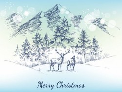 Christmas snow mountains hand drawn