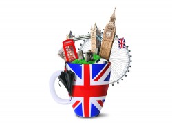 Cups and famous buildings picture material