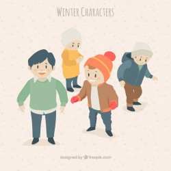 Cute children characters wearing winter clothes