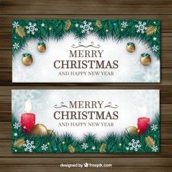 Decorative fir leaves banners and christmas ornaments