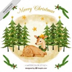 Fawn background with watercolor christmas trees