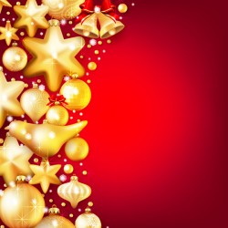 Gold christmas baubles with red background vector 03