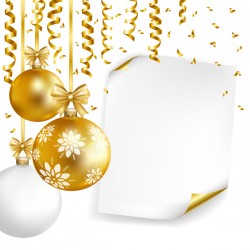 Golden christmas baubles with ribbons and paper vector