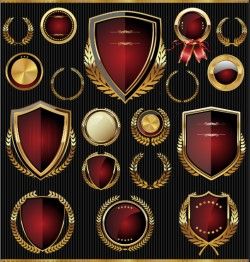 Golden with red labels and laurel wreath