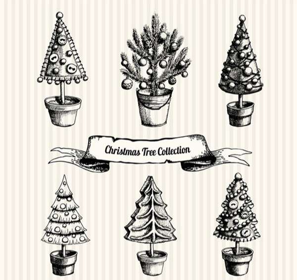 Hand-painted Christmas tree potted vector