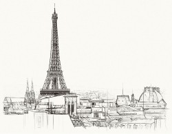 Hand-painted European-style buildings and tower vector