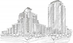 Hand-painted trees and residential buildings