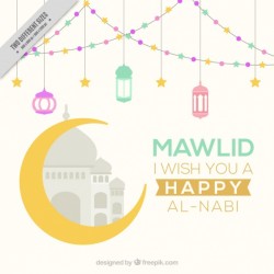 Happy mawlid background with moon and lanterns