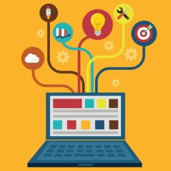 Laptop with business elements in flat design