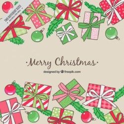 Merry christmas background of hand drawn gifts and baubles