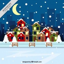 Snowy houses flat background and benches