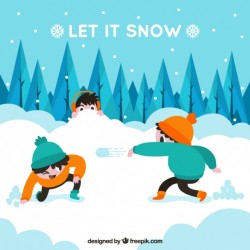 Snowy landscape background with kids having fun