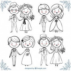 Beautiful collection of happy wedding couples in hand-drawn style