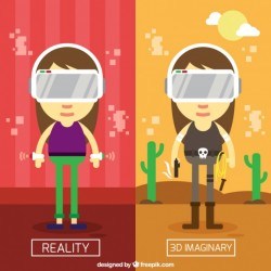 Character playing with simulation glasses in flat design