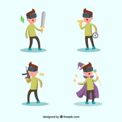 Character using virtual reality glasses and holding different items