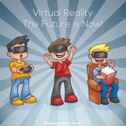 Cheerful boys enjoying with virtual reality glasses
