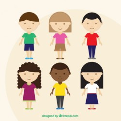 Collection of children with colored clothes in flat design