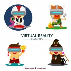 Colorful gamers with virtual reality glasses