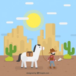 Flat background with cowboy and rocky mountains