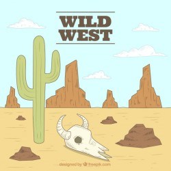 Flat western background with cactus and skull