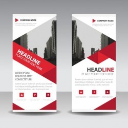 Geometric roll up with polygonal red shapes