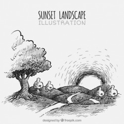 Hand drawn black and white landscape