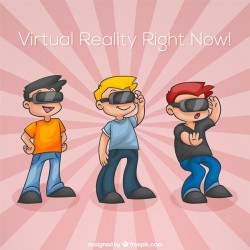 Hand-drawn collection of cheerful children with virtual reality glasses