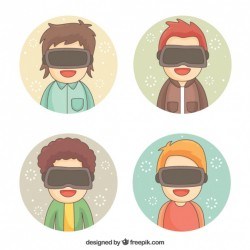 Happy boys enjoying virtual reality glasses with round background