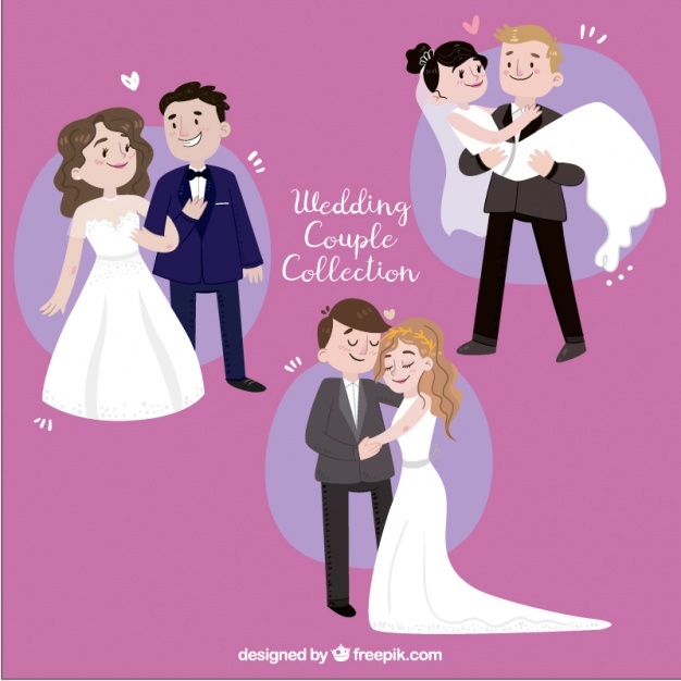 Set of three hand-drawn newlyweds smiling