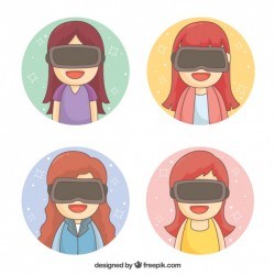 Smiling girls using virtual reality glasses with round background