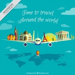 Airplane background with world monuments