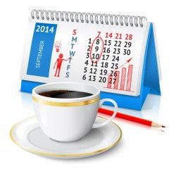 Background with calendar and cup of coffee