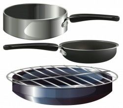 Different cooking equipments on white background
