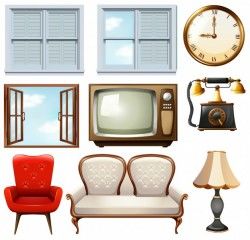 Different vintage furnitures on white
